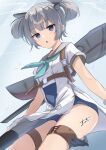  1girl absurdres anti-aircraft_gun aqua_neckerchief blue_eyes blue_one-piece_swimsuit breasts commentary_request gloves grey_hair grey_sailor_collar headgear highres i-36_(kancolle) kantai_collection looking_at_viewer neckerchief old_school_swimsuit one-piece_swimsuit sailor_collar sailor_shirt school_swimsuit shirt short_hair short_sleeves signature solo sukimizaki swimsuit swimsuit_under_clothes torpedo twintails type_96_aa_gun white_gloves 
