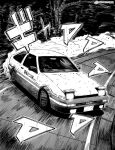  car crosshatching dust_cloud greyscale hatching_(texture) highres initial_d monochrome motion_lines motor_vehicle no_humans pop-up_headlights road screentones seveninks toyota toyota_sprinter_trueno twitter_username vehicle_focus 