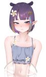  1girl absurdres bikini blue_eyes blunt_bangs blush commentary flat_chest flower frilled_bikini frills gradient_hair grey_bikini hair_flower hair_ornament highres hololive hololive_english looking_at_viewer multicolored_hair navel ninomae_ina'nis ninomae_ina'nis_(holonatsu_paradise) official_alternate_costume open_mouth orange_hair pointy_ears purple_hair sidelocks simple_background solo stomach sweetwhite swimsuit tentacle_hair untranslatable_commentary upper_body virtual_youtuber white_background 
