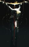  1girl absurdres barefoot black_background black_sarong blonde_hair chinese_commentary commentary_request covered_face cracked_skin crucifixion elden_ring elden_ring_(object) full_body highres huanjueji-phantom impaled long_hair queen_marika_the_eternal sarong solo 