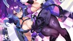  1girl absurdres animal_ears belt black_boots blue_eyes blue_hair boots breasts checkered_floor chest_harness cleavage commentary cottontail_(vtuber) diner english_commentary gradient_hair hair_between_eyes harness heterochromia highres indie_virtual_youtuber large_breasts long_hair looking_at_viewer multicolored_hair pantyhose plate ponytail purple_eyes purple_hair purple_shirt purple_skirt rabbit_ears rabbit_girl ring_light_reflection shirt skirt solo suliavtuber table thick_thighs thighs tongue tongue_out virtual_youtuber waitress wide_hips 
