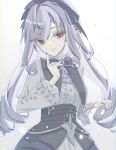  1girl ahoge ascot black_nails bow bowtie closed_mouth commentary_request drill_hair finger_to_cheek gem hairband highres long_hair long_sleeves mole mole_under_eye multicolored_hair nowa_mi112 pointy_ears purple_ascot purple_bow purple_bowtie purple_gem purple_hair purple_hairband red_eyes shrug_(clothing) simple_background solo streaked_hair upper_body vivian_banshee white_background white_shrug zenless_zone_zero 
