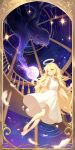  2girls absurdres angel angel_wings artist_request bad_id bad_pixiv_id bare_arms bare_shoulders blonde_hair border bracelet brown_border double-parted_bangs full_body full_moon hair_between_eyes halo hand_up highres jewelry long_hair looking_at_another moon multiple_girls open_mouth original star_(sky) starry_sky_background very_long_hair wings yellow_eyes 
