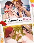  1boy 1girl backwards_hat bare_shoulders baseball_cap bead_bracelet beads black_hair bracelet breasts brown_hair butterfly_necklace cleavage closed_eyes cocktail_umbrella couple cup dress eren_yeager eyewear_on_head field flower flower_bracelet flower_field flower_in_drink flower_sticker food fruit green_eyes grey_pants grin hair_between_eyes hair_flower hair_ornament half_updo hanpetos hat hat_ribbon hetero hibiscus holding holding_cup holding_ice_cream_cone ice_cream_cone jewelry large_breasts leaf_necklace leaf_print looking_at_another looking_at_viewer meadow medium_hair mikasa_ackerman multiple_views ocean official_alternate_costume one_eye_closed orange_(fruit) orange_slice orange_sticker pants parted_bangs parted_lips photo_(object) polaroid_photo print_shirt red_flower red_hat ribbon scar scar_on_cheek scar_on_face shingeki_no_kyojin shirt short_hair smile star_(symbol) star_sticker sticker sun_hat sunglasses tinted_eyewear tongue tongue_out tropical_drink v white_dress white_ribbon white_shirt yellow-tinted_eyewear 