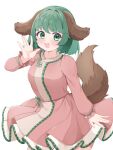  1girl :d animal_ears blush breasts commentary_request dog_ears dog_girl dog_tail dress green_eyes green_hair kasodani_kyouko long_sleeves looking_at_viewer medium_breasts medium_hair open_mouth pink_dress rururiaru simple_background smile solo tail touhou white_background 