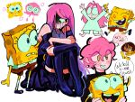  1boy 2girls alien_stage arm_on_knee black_boots black_dress blue_eyes boots brown_pants commentary crossover crying crying_with_eyes_open dress english_commentary english_text highres hyuna_(alien_stage) jellyfish knees_up m0nacrose mizi_(alien_stage) multiple_girls pants partially_shaded_face pink_hair sitting sponge spongebob_squarepants spongebob_squarepants_(series) tears thigh_boots yellow_eyes 