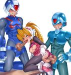  1girl 2boys ahegao armored_boots blonde_hair blue_eyes body_armor bodysuit boots bra bra_lift breasts ceijin_(rizalagoenk) ciel_(mega_man) clothes_lift clothing_aside codpiece commission commissioner_upload copy_x_(mega_man) double_penetration eyelashes fellatio forehead_jewel gauntlets gloves group_sex hand_on_another's_head hand_on_another's_waist hand_on_own_hip helmet high_heels highres light_blush long_bangs long_hair mechanical_ears mega_man_(series) mega_man_zero_(series) mega_man_zero_2 mmf_threesome multiple_boys non-web_source open_clothes oral panties panties_aside penis ponytail skirt skirt_lift small_breasts threesome tongue tongue_out torn_bodysuit torn_clothes transparent_background underwear vaginal x_(mega_man) 