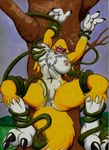  3_toes anus big_breasts black_nose bound boxice breasts chest_tuft clitoris digimon female forced fur open_mouth pussy renamon sharp_teeth solo teeth tentacles tickle_torture tickling toes tongue tongue_out tree tuft yellow_fur 