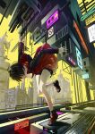  1girl absurdres ahoge black_hair city commentary cyberpunk english_commentary full_body highres hood jacket looking_at_viewer neon_lights no_symbol open_mouth original outdoors red_eyes ringed_eyes saike_derikku scenery short_hair 