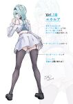  1girl absurdres alternate_costume ass ass_peek black_hairband black_shoes black_thighhighs blue_hair blue_shirt closed_mouth commentary_request crop_top dated eula_(genshin_impact) from_behind genshin_impact grey_shirt grey_skirt hairband highres leaning_forward looking_at_viewer looking_back midriff off-shoulder_shirt off_shoulder shirt shoes signature skirt solo thighhighs tokonatsu_(epfm5277) white_background yellow_eyes zoom_layer 