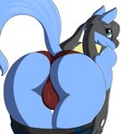  2016 anthro anthrofied bent_over big_butt black_fur black_hair blue_eyes blue_fur butt camel_toe canine clothed clothing fan_character female fur hair larita_lucario looking_at_viewer looking_back lucario mammal nintendo pants pok&eacute;mon pok&eacute;morph presenting presenting_hindquarters raised_tail rear_view simple_background smile solo underwear undressing video_games white_background xehta13 yellow_fur 