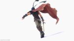  1boy 3d absurdres adverse56 blender_(medium) blue_hair commentary english_commentary facing_away fire_emblem fire_emblem:_radiant_dawn from_behind green_headband headband highres holding holding_sword holding_weapon ike_(fire_emblem) male_focus short_hair solo sword twitter_username weapon 
