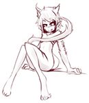  ambiguous_gender black_sclera bottomless clothed clothing fur hair hybrid invalid_tag licking licking_lips looking_at_viewer monochrome monster_girl_(genre) pointy_ears short_hair simple_background sitting sketch slim solo sub-res teasing tongue tongue_out unknown_species white_background 