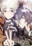  2boys black_hair black_shirt brown_coat closed_mouth coat commentary copyright_name hair_between_eyes lofter_username looking_at_viewer male_focus multiple_boys nezumi_(no.6) no.6 red_eyes shion_(no.6) shirt short_hair sidelocks smile untranslatable_commentary upper_body v white_hair zxs1103 