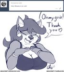  anthro ask_blog big_breasts bracelet breasts canine cleavage clothed clothing dog eyes_closed female fur hair happy jewelry mammal mary_blissany monochrome nekocrispy overweight text 