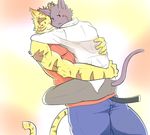  aroused belt blood blush cat chibi cute feline holding_(disambiguation) hug male male/male mammal morenatsu nosebleed shin_(morenatsu) simple_background tiger torahiko_(morenatsu) 