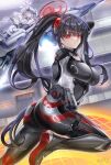  2girls absurdres aiming aiming_at_viewer ass black_bodysuit black_hair blue_archive bodysuit breasts closed_mouth commentary grey_hair gun hair_between_eyes halo handgun head-mounted_display head-mounted_display_lift highres himari_(armed)_(blue_archive) himari_(blue_archive) holding holding_gun holding_weapon idry large_breasts long_hair looking_at_viewer low-tied_long_hair m1911 motor_vehicle motorcycle multiple_girls official_alternate_costume official_alternate_hairstyle on_motorcycle parted_lips pointy_ears ponytail purple_eyes red_eyes red_halo rio_(armed)_(blue_archive) rio_(blue_archive) smile soles very_long_hair weapon white_bodysuit white_halo 