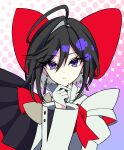  1girl ahoge androgynous black_hair bob_cut bow buttoned_cuffs buttons ccs92a05zxa colored_inner_hair commentary dot_nose double-parted_bangs earrings flipped_bangs gloves hair_between_eyes hair_bow hair_intakes half_gloves hand_on_own_chin highres jewelry large_bow long_sleeves looking_at_viewer multicolored_hair parted_lips pink_background polka_dot polka_dot_background portrait purple_background purple_eyes red_bow sapphire_(princess_knight)_(the_ribbon_hero) sapphire_(the_ribbon_hero) solo sparkle_background split-color_clothes straight-on stroking_own_chin the_ribbon_hero white_gloves 