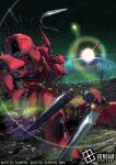  battle_damage char's_counterattack commentary_request company_name copyright_logo copyright_name copyright_notice damaged defeat fin_funnels floating glowing gundam gundam_card_game light_particles logo mecha mecha_focus mobile_suit moyashi_koubou no_humans nu_gundam official_art psycho_frame robot sazabi science_fiction sitting solo space spoilers star_(sky) zero_gravity 