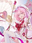  1girl absurdres balloon beretta_92 breasts chinese_commentary commentary_request diamond-shaped_pupils diamond_(shape) dress elf elysia_(hi_love_elf)_(honkai_impact) elysia_(honkai_impact) ferris_wheel gloves gun handgun heart_balloon highres honkai_(series) honkai_impact_3rd large_breasts long_hair looking_at_viewer multicolored_hair on_swing pink_hair pointy_ears qing_xiao_meng_chu red_dress smile solo swing symbol-shaped_pupils thighhighs thighs two-tone_hair very_long_hair weapon white_gloves white_hair white_thighhighs 