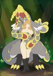 2017 ambiguous_gender anthro blue_eyes breasts brown_hair claws clothing covering dragon duo female female/ambiguous grey_scales hair human interspecies kommo-o larger_ambiguous legwear long_hair mammal mostly_nude nintendo nude outside pok&eacute;mon pok&eacute;philia red_scales scales scalie size_difference smaller_female toe_claws video_games witchofavalon yellow_claws yellow_scales 