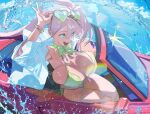  1girl absurdres adjusting_eyewear azur_lane bennington_(azur_lane) bennington_(sunshine_chaser)_(azur_lane) bikini bracelet breasts car commentary english_commentary eyewear_on_head green-framed_eyewear green-tinted_eyewear green_bikini green_eyes hand_on_eyewear heart heart-shaped_eyewear highres hintobento huge_breasts jewelry long_hair motor_vehicle o-ring o-ring_thigh_strap official_alternate_costume open_mouth pink_hair side-tie_bikini_bottom solo swimsuit thigh_strap tinted_eyewear twintails 