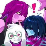  ! 1boy 1girl 1other against_fourth_wall blue_skin colored_skin commentary deltarune furry furry_female furry_male goat_boy goat_horns green-framed_eyewear highres horns kris_(dark_world)_(deltarune) kris_(deltarune) looking_at_viewer momonga_damon pink_eyes purple_eyes purple_scarf purple_skin ralsei red_eyes reptile_girl round_eyewear scarf susie_(dark_world)_(deltarune) susie_(deltarune) the_fun_gang untranslatable_commentary utdr_(toby_fox) 