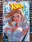  1girl acrylic_paint_(medium) art_tools_in_frame blonde_hair blue_eyes breasts cleavage cloak colored_pencil_(medium) commentary corset cover_sketch david_dias elbow_gloves emma_frost english_commentary finger_to_head fur_cloak gloves highres large_breasts long_hair looking_at_viewer marker_(medium) marvel painting_(medium) photo_(medium) signature solo traditional_media upper_body white_corset white_gloves x-men 