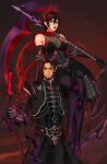  1boy 1girl artist_name bare_shoulders black_bodystocking black_boots black_hair black_jacket black_pants boots breasts brown_hair carrying chest_jewel commentary couple covered_abs cropped_jacket demon_boy demon_girl demon_horns elbow_gloves eren_yeager facial_mark gauntlets gloves green_eyes grey_eyes grin hair_between_eyes hastiem hetero highres holding holding_scythe horns jacket large_breasts long_hair looking_at_viewer mikasa_ackerman over_shoulder pants parted_bangs parted_lips red_scarf scar scar_on_cheek scar_on_face scarf scythe shingeki_no_kyojin short_hair sitting_on_shoulder smile torn_clothes torn_scarf untranslatable_commentary weapon weapon_over_shoulder 