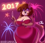  2017 alcohol anthro belly beverage big_belly big_breasts blue_eyes bracelet breasts brown_fur brown_hair canine champagne cleavage clothed clothing dog dress eyeshadow female fireworks fur hair jewelry makeup mammal mary_blissany nekocrispy one_eye_closed overweight smile wide_hips wink 