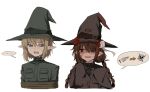  ... 2girls absurdres bandages blonde_hair blue_eyes borrowed_character bound brown_capelet brown_shirt capelet debakshotgun0 demon_horns earrings fang freckles gauze gauze_on_face green_shirt hair_over_one_eye han_luna hand_up hat heart heart-shaped_pupils highres horns jang_hui-eun jewelry long_hair looking_at_another low_twintails medium_hair multiple_girls nontraditional_witch_hat open_mouth original pointy_ears red_eyes rope shirt sidelocks sleeves_past_wrists speech_bubble spoken_ellipsis spoken_object spoken_skull sweatdrop symbol-shaped_pupils tied_up_(nonsexual) twintails upper_body witch_hat 