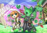  2girls animal_ears anklet black_gloves black_jumpsuit black_nose carol_tea cat_ears cat_girl cat_tail chinese_knot commentary_request copyright_name cube digitigrade dog_girl dog_tail english_commentary eyelashes fingerless_gloves flower freedom_planet freedom_planet_2 furry furry_female gloves grass green_eyes green_fur green_shorts jewelry jumpsuit milla_basset mixed-language_commentary motor_vehicle motorcycle multiple_girls orange_hair red_scarf romper sakaki37471 scarf short_hair shorts striped_fur tail valley very_long_ears white_fur 