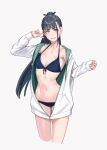  1girl amaya_tsubame bikini black_bikini black_hair breasts commentary_request cropped_legs front-tie_bikini_top front-tie_top gakuen_idolmaster green_eyes grey_background highres idolmaster jacket long_hair looking_at_viewer lowleg lowleg_bikini mole mole_under_eye ponytail simple_background small_breasts solo swimsuit v white_jacket yuuji_(and) 