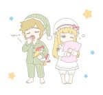  1boy 1girl barefoot blonde_hair bloomers blue_eyes blunt_bangs bow buttons chibi chibi_only closed_eyes commentary_request dress dress_bow english_text green_hat green_pajamas green_pants hand_to_own_mouth hat hat_ribbon highres hime_cut holding holding_pillow holding_stuffed_toy link loftwing long_hair mob_cap nightcap one_eye_closed open_mouth pajamas pants pillow pink_bow pink_ribbon pointy_ears princess_zelda ribbon shirt short_hair sidelocks squeans standing striped_clothes striped_hat striped_pajamas striped_pants striped_shirt stuffed_animal stuffed_bird stuffed_toy the_legend_of_zelda the_legend_of_zelda:_skyward_sword white_background white_bloomers white_dress white_hat white_pajamas yawning yuinya_matatabi 