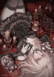  1girl absurdres alcohol amane_misa ashejpeg bandage_over_one_eye black_bat black_choker black_dress black_sleeves black_thighhighs blonde_hair blood blood_on_face breasts brown_jacket candle candlestand character_doll choker cleavage commentary cosmetics cup death_note detached_sleeves doll dress drinking_glass english_commentary feet_out_of_frame fingernails frilled_dress frills highres holding holding_notebook jacket leather_bag lipstick_tube long_hair looking_at_viewer lying medium_breasts nail_polish necktie notebook on_back red_eyes red_lips red_nails red_necktie red_wine rem_(death_note) sharp_fingernails sleeveless sleeveless_dress solo spilling thighhighs twitter_username wine wine_glass yagami_light yellow_eyes 