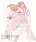  1girl belt blonde_hair border bow breasts cleavage commentary dissidia_duellum_final_fantasy dissidia_final_fantasy dress ff14hioo_oo7 final_fantasy final_fantasy_vi floating flower flower_anklet full_body fur-trimmed_dress fur_trim hair_bow hair_flower hair_ornament holding holding_sword holding_weapon long_hair medium_breasts official_alternate_costume parted_bangs pink_background pink_bow pink_dress pink_eyes pink_flower pink_shoes ponytail shoes solo sword terra_branford terra_branford_(blossom_princess) thighhighs weapon white_belt white_border white_thighhighs 