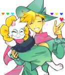  2boys anger_vein animal_ears blonde_hair blue_soul_(utdr) carrying carrying_person closed_eyes cyan_soul_(utdr) deltarune dial-in flower_costume flowery_(deltarune) furry furry_male glasses goat_boy goat_ears green-framed_eyewear green_hat green_soul_(utdr) hat highres horns multiple_boys orange_soul_(utdr) pink_horns pink_scarf purple_soul_(utdr) pushing_away ralsei red_soul_(utdr) scarf signature smile soul_(utdr) utdr_(toby_fox) yellow_soul_(utdr) 