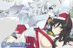  ahri_(lol) amber_eyes animated bell blue_eyes blush breasts butt convenient_censorship female kindred_(lol) league_of_legends looking_back loop markings multi_tail patreon pink_nose raised_tail smile sollyz teasing url video_games winter_hat wrapped 