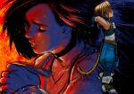  1boy 1girl absurdres aqua_vest arms_behind_head ascot belt black_choker black_hair blonde_hair blue_pants blue_wrist_cuffs boots brown_belt cat_tail choker closed_eyes commentary cropped_vest dagger daggerarcadia embers english_commentary final_fantasy final_fantasy_ix full_body garnet_til_alexandros_xvii grey_boots highres holding holding_dagger holding_knife holding_weapon knife long_hair low_ponytail pants parted_lips ponytail shirt short_hair sleeveless sleeveless_shirt standing tail upper_body vest weapon white_ascot white_shirt wrist_cuffs zidane_tribal 