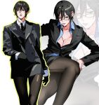  1girl black_bra black_eyes black_gloves black_hair black_jacket black_necktie black_pantyhose black_skirt blue_shirt border bra breasts cleavage collared_shirt cowboy_shot feet_out_of_frame glasses gloves hair_between_eyes highres i2d0012 jacket lace-trimmed_bra lace_trim large_breasts mikasa_ackerman multiple_views necktie pantyhose scar scar_on_cheek scar_on_face shingeki_no_kyojin shirt short_hair skirt suit_jacket underwear walking white-framed_eyewear white_background white_shirt yellow_border 