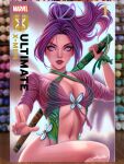  1girl acrylic_paint_(medium) art_tools_in_frame breasts cleavage colored_pencil_(medium) commentary cover_sketch david_dias english_commentary front-tie_top green_one-piece_swimsuit hair_ribbon highres holding holding_behind_back holding_sheath holding_weapon_behind_back looking_at_viewer marker_(medium) marvel marvel_rivals navel one-piece_swimsuit painting_(medium) parted_lips photo_(medium) ponytail psylocke psylocke_(breezy_butterfly) purple_eyes purple_hair ribbon see-through_clothes sheath signature solo swimsuit traditional_media x-men 