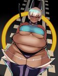  animal_humanoid bell belly big_belly blue_eyes breasts cat_humanoid clothed clothing collar dark_skin feline frown hair humanoid mammal nadia_fortune overweight pewbutt scar skimpy skullgirls thick_thighs under_boob white_hair wide_hips 