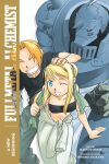  1girl 2boys ahoge alphonse_elric apron arakawa_hiromu armor artist_name bandana bandeau bare_shoulders black_bandeau black_shirt blonde_hair blue_eyes braid breasts brown_jumpsuit cargo_pants closed_eyes collarbone copyright_name cover cover_page creator_name dated earrings edward_elric full_armor fullmetal_alchemist green_bandana grey_pants highres holding_bandana horns jewelry jumpsuit jumpsuit_around_waist leaning_on_person looking_at_viewer medium_breasts medium_hair midriff multiple_boys navel novel_cover official_art one_eye_closed pants pauldrons piercing pointing pointing_at_viewer ponytail prosthesis prosthetic_arm red_eyes shirt short_sleeves shoulder_armor shoulder_spikes sidelocks single_braid smile spikes strapless t-shirt teeth vambraces viz_(company) white_apron winry_rockbell 