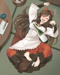  1girl alcohol animal_ears barefoot breasts brooch brown_hair capelet chopsticks closed_eyes commentary_request cushion dress drunk facing_viewer fangs from_above glass_bottle imaizumi_kagerou indoors jewelry large_breasts long_hair lying on_back open_mouth sleeping solo squeans table tail tatami toes tongue tongue_out touhou wolf_ears wolf_girl wolf_tail wooden_table yudepii zabuton 