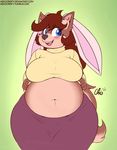  anthro belly big_belly big_breasts blue_eyes blush breasts brown_fur brown_hair canine clothing dog easter fake_ears female fur hair holidays mammal mary_blissany navel nekocrispy overweight skirt smile sweater wide_hips 