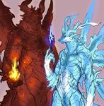  anthro blue_body brothers claws dragon duo fire horn ice jacketbear kemono magic male nude pointy_ears red_body scales scalie sibling slit stanting western_dragon wings 