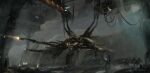 cable eve_online georg_hilmarsson glowing grey_theme hangar highres indoors military_vehicle people scenery science_fiction spacecraft standing vehicle_focus 