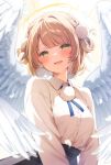  1girl absurdres black_skirt blonde_hair breasts commentary_request fujisaki_hikari green_eyes halo highres indie_virtual_youtuber looking_at_viewer medium_breasts shigure_ui_(vtuber) shirt short_hair skirt solo upper_body virtual_youtuber white_shirt wings 