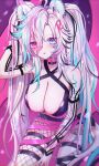  1girl ahoge animal_ear_fluff animal_ears black_choker black_shorts blue_eyes blue_hair breasts choker cleavage hair_between_eyes hair_ornament heart heart_o-ring heart_ring_choker heterochromia highres indie_virtual_youtuber large_breasts lenai_(ohhlenai) long_hair multicolored_hair multiple_tattoos o-ring o-ring_choker pink_choker pink_eyes pink_hair ravenna_nya shorts single_fishnet_legwear snake_tattoo solo streaked_hair tattoo twintails virtual_youtuber white_hair 