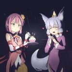  2girls :d ^_^ absurdres animal_ear_fluff animal_ears aqua_eyes arm_ribbon bare_shoulders birthday black_background blunt_bangs blush chinese_clothes chiyoda_momo closed_eyes closed_mouth commentary cowboy_shot cupcake dated dress dual_wielding elbow_gloves english_commentary facing_another food fork fox_ears fox_girl fox_tail frilled_sleeves frills frown gloves grey_hair hands_up happy hat heart highres holding holding_fork holding_plate long_ribbon long_sleeves looking_at_food machikado_mazoku magical_girl medium_hair multiple_girls open_mouth own_hands_together party_hat pelvic_curtain pink_dress pink_hair plate purple_dress qipao red_ribbon ribbon riko_(machikado_mazoku) signature simple_background sleeveless sleeveless_dress smile steepled_fingers sweat tail white_gloves wide_sleeves yunoppi 